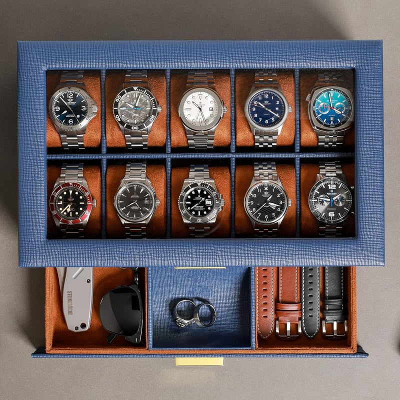 ROTHWELL 10-Slot Watch Box in Leather with Valet Drawer, Luxury Watch Case Display Organizer with Ultra Soft Microsuede Liner, Jewelry and Sunglass Holder With Large Glass top (Blue/Tan) - Image 4